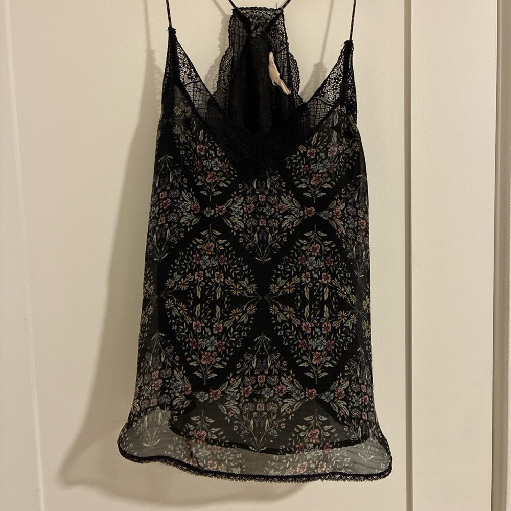 lovestitch Black Floral Lace-Trim Sheer Camisole